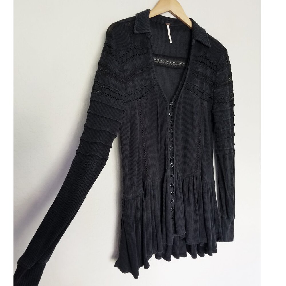 Free People Set To Stun Lace-Inset Low V Neck Collar Tunic Top Black XS $108 - Picture 7 of 16
